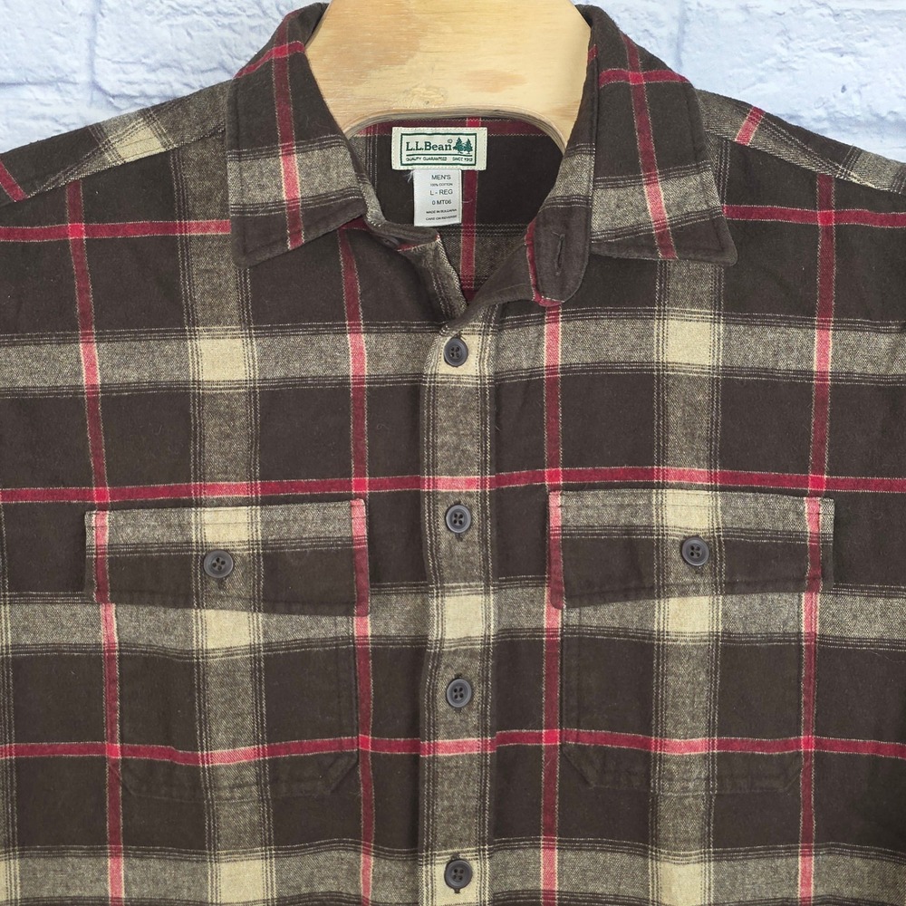 LL Bean Men Chamois Flannel Cloth Shirt Brown Plaid Cotton Button Heavy Sz Large